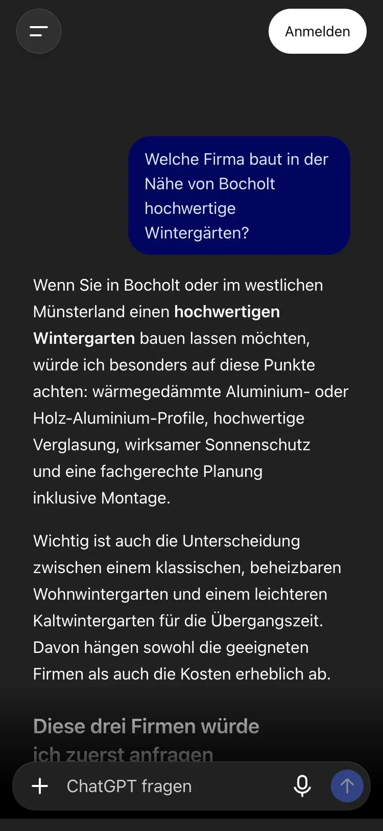 Screenshot von ChatGPT: die Frage nach einer Firma für hochwertige Wintergärten bei Bocholt und der Anfang der Antwort