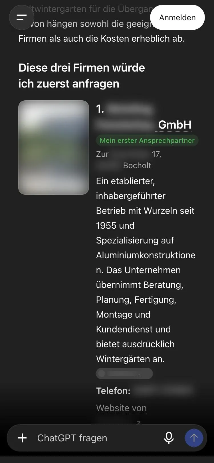 Screenshot von ChatGPT: die Überschrift zu den drei Firmen, die man zuerst anfragen soll, und die erste Firma mit dem Hinweis „Mein erster Ansprechpartner“, Name und Adresse unkenntlich