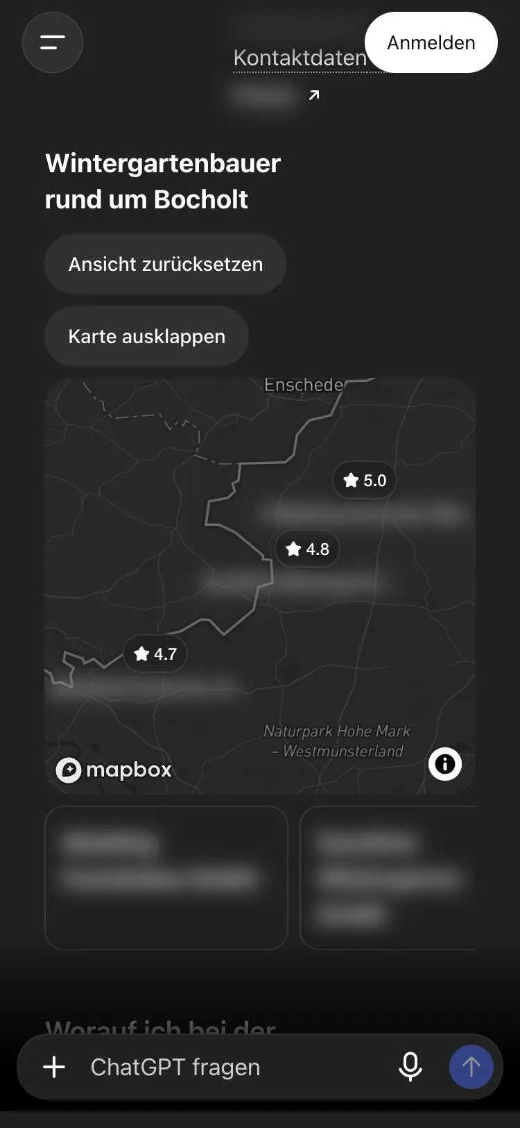Screenshot von ChatGPT: Karte „Wintergartenbauer rund um Bocholt“ mit drei Firmen und ihren Bewertungen, Namen unkenntlich